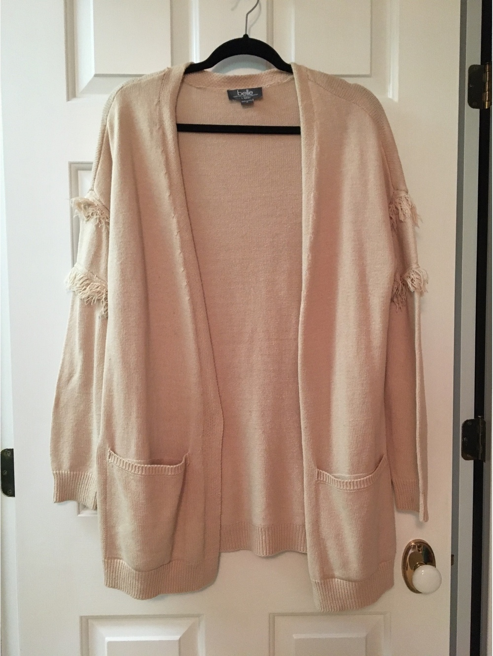 Belle Beige Open Front Cardigan with Fringe Detail on Sleeves